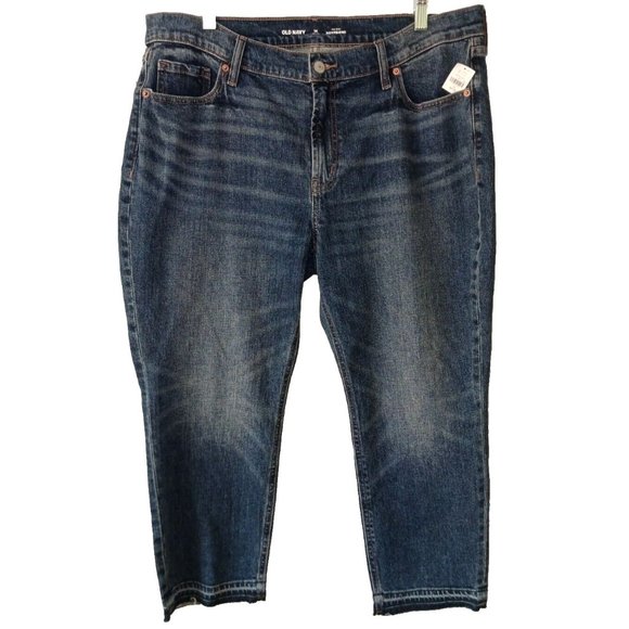 OLD NAVY NWT 14P Dark Wash Mid Rise Cropped Boyfriend Jeans Raw Hem 22" inseam - Picture 1 of 7